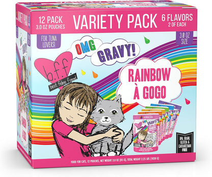 Weruva B.F.F. OMG - Best Feline Friend Oh My Gravy!, Rainbow A Gogo Variety Pack! Cat Food, 3oz Pouch (Pack of 12)