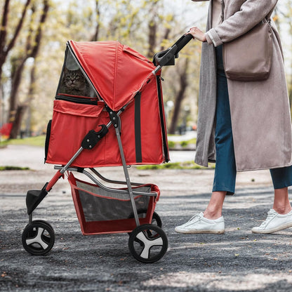 MoNiBloom 3 Wheels Pet Stroller, Foldable Puppy Cage Jogger Stroller with Weather Cover for All-Season, Storage Basket and Cup Holder, Breathable and Visible Mesh for Small/Medium Pets, Red - Pawvie