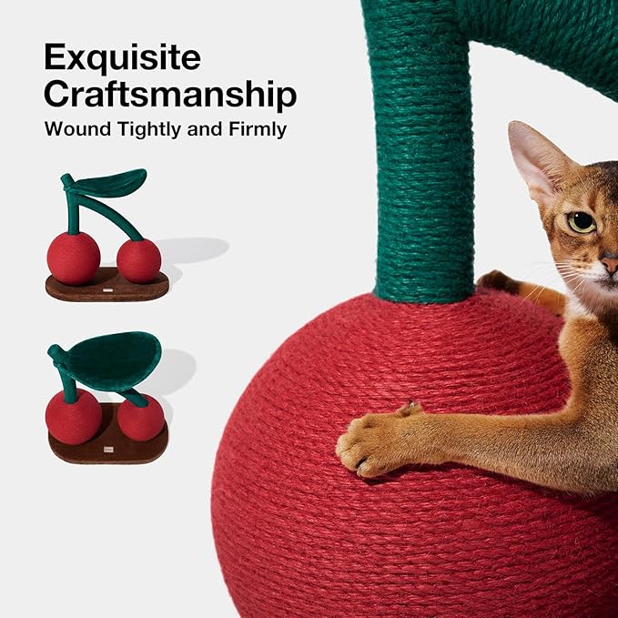 VETRESKA Cat Scratching Post, Large Cherry Cat Scratcher with Hammock, Tall Cat Scratch Interactive Toy with Natural Jute Rope for Indoor Cats, Kittens