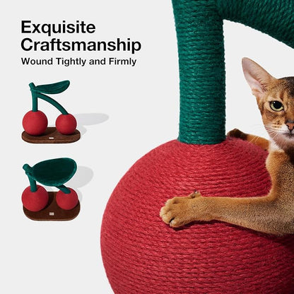 VETRESKA Cat Scratching Post, Large Cherry Cat Scratcher with Hammock, Tall Cat Scratch Interactive Toy with Natural Jute Rope for Indoor Cats, Kittens