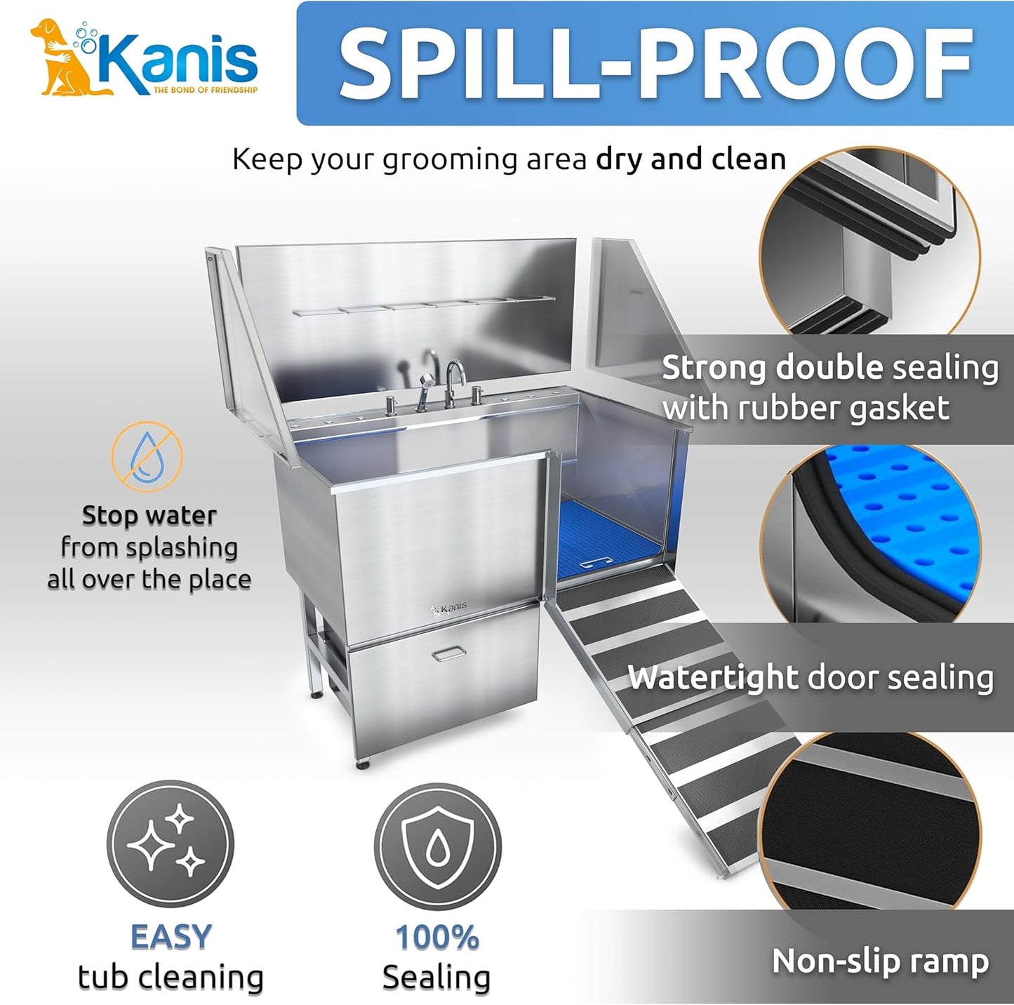 KANIS Professional Dog Washing Station - 304 Stainless Steel Pet Wash Sink & Grooming Bath Tub for Home with Ramp, Shower, Floor Grate, Storage Drawer, Faucet, Drain Kit for Large, Medium & Small Pets