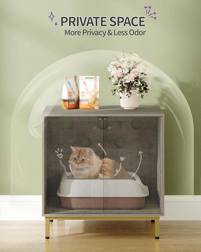 Cat Litter Box Enclosure, Hidden Litter Box Furniture Cabinet, Wooden Indoor Cat House, Side End Table, Living Room, Bedroom, Greige and Gold CB81205G