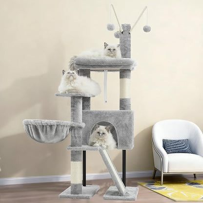 Cat Tree for Indoor Cats, Cat Tower with Scratching Post for Small Cats and Kittens, Cat House with Removable Top Platform and Fluffy Balls, Hanging Cat Basket, Light Gray GCT006SW