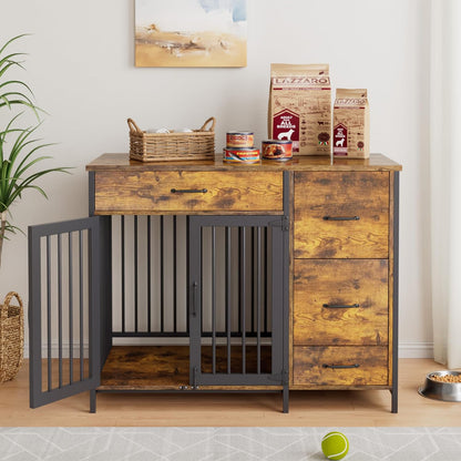 VECELO Dog Crate Furniture, 43 inch Wood Dog Crate End Table with Storage Drawers, Heavy Duty Dog Kennel Furniture Indoor, Rustic Brwon
