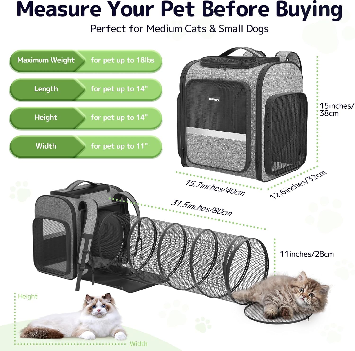 Pawtners Cat Carrier Backpacks Expandable Cat Backpack with Breathable Mesh, Pet Carrier Backpack for Cats Small Dogs Puppies Up to 18 Lbs, Dog Carrier Backpack for Travel Hiking Camping Outdoor - Pawvie