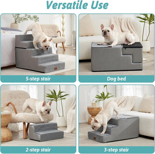 Dog Stairs for Small Dogs, 5 Tier Removable Wider Pet Stairs for Couch and Bed, 23.6" H Non-Slip Dog Steps for Puppies and Old Cats with Support Board, 29.5x19.7x23.6 inch, Grey