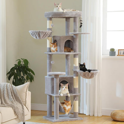 71.2" Tall Cat Tree for Indoor Cats - 9-Level Multi-Cat Tower w/5 Sisal Scratching Posts, 2 Condos, 3 Hammocks, Perch & Pom Poms - Heavy-Duty for Adult Cats, Space-Saving Plush Gray
