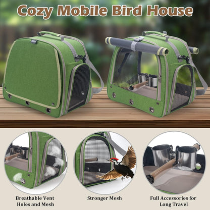 Bird Carrier Parrot Travel Cage with Perch, Food Bowl, Tray and Breathable Clear Window, Bird Travel Bag for African Gray Cockatiel Caique Conure Quaker, for Vetting Camping Hiking (Green)