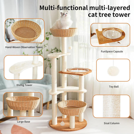 Modern Cat Tree Tower,Hand-Woven Ma Teng cat nest, Sisal-Covered Scratching Posts for Indoor Cats, Multi-Level Cat Condo with Space Capsule Nest, Tall Cat Tree for Multiple Large Cats