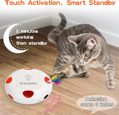 Interactive Cat Toy, Electric Cat Toys for Moving Concealed Feathers, Smart Sensor 7 Holes Whack a Mole Feather Toy, USB Charge Automatic Kitten Toys,White
