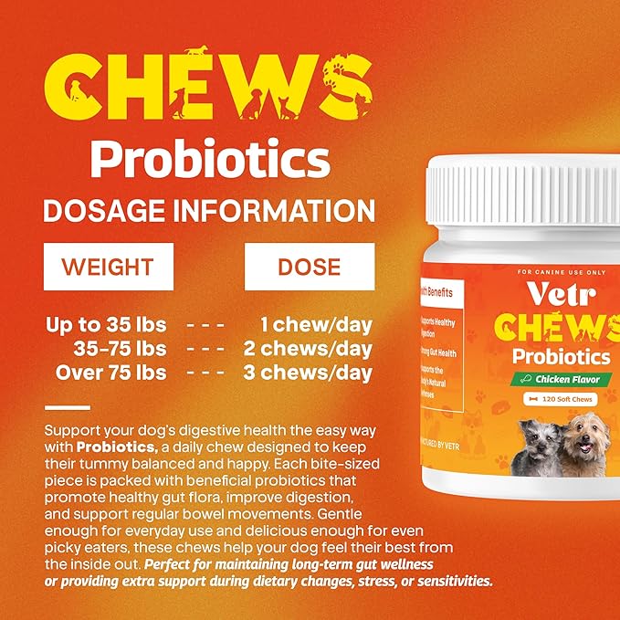 Vetr Probiotic Chews for Dogs - Chicken Flavored - Probiotics for Digestive Health - 120 Soft Chews - Vet-Formulated in USA