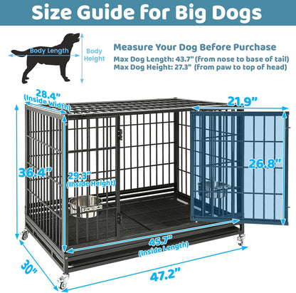 48 Inch Heavy Duty Dog Crate, Indestructible Escape Proof Big Cage for High Anxiety Large Dogs, Stackable & Collapsible XL Dog Kennel Indoor with Wheels,Dual Trays,Adjustable Bowl,Top Access