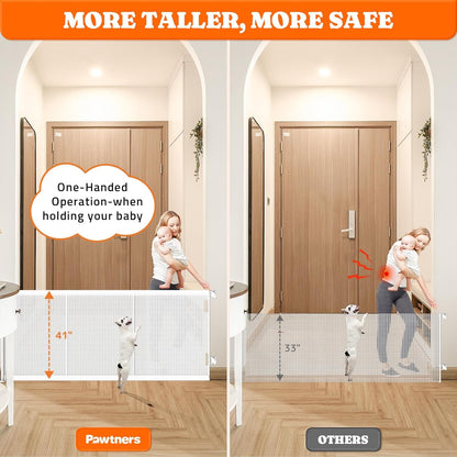 Pawtners Retractable Baby Gates Extra Wide, 41" Tall Extends up to 200" Wide, Dog Gate Indoor for Stairs, Pet Gate with Support Rods for Doorways Hallways Garage Indoor & Outdoor-White