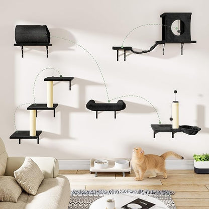 NUNU LAB Wall Mounted Cat Wall Shelves, 14-in-1 Cat Wall Climber with Bridge, Tunnel, House, Scratcher, Steps, Indoor Space-Saving Furniture for Kittens Play, Black