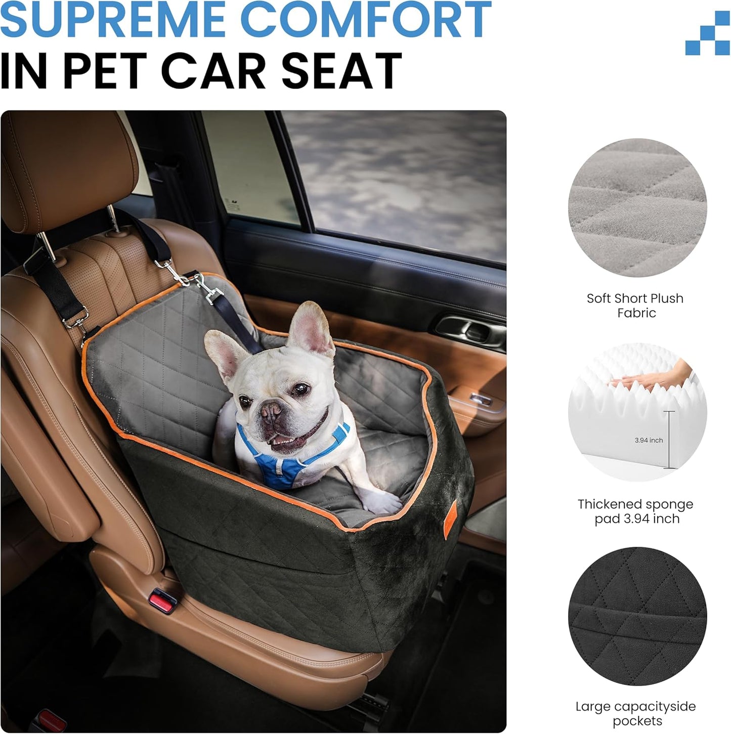 Dog Car Seat for Small Dogs - Puppy Car Seat with Safety Strap & Waterproof Padding, Portable Pet Carrier for Cars, Trucks & SUVs, Comfortable Elevated Bed for Pets Up to 35lbs (Black/Grey) - Pawvie