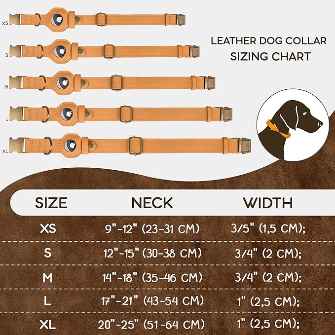 AirTag Dog Collar - Genuine Leather Dog Collar with Apple AirTag Holder and Metal Buckle - Smart GPS Tracking Pet Collars (Light Brown, L, 17"-21" Neck Fit)