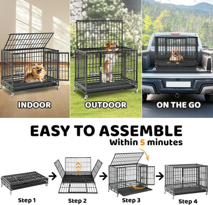 Homey Pet 2 Pack Three Levels 37 Inch Dog Crate, Escape Proof Dog Cage Kennel Indoor with Top Access and Lockable Wheels, Removable Tray, Heavy Duty Dog Crates for Medium/Small Dogs