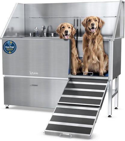 KANIS Professional Dog Washing Station - 304 Stainless Steel Pet Wash Sink & Grooming Bath Tub for Home with Ramp, Shower, Floor Grate, Storage Drawer, Faucet, Drain Kit for Large, Medium & Small Pets