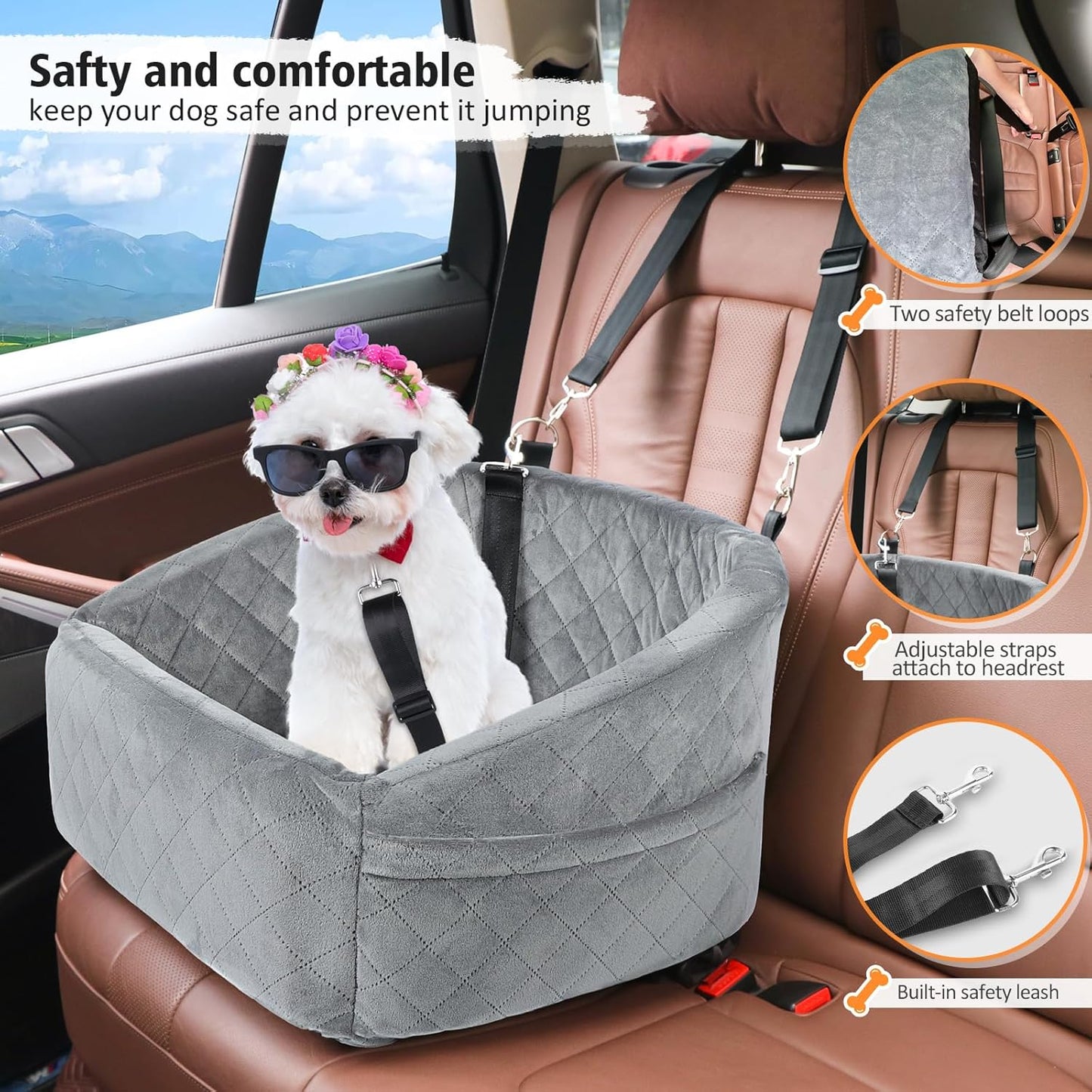 Dog Car Seat for Small Dogs,Detachable Washable Dog Booster Seat for Medium Dogs Under 30lbs, Pet Car Seat Travel Bed with Storage Pockets and Dog Safety Belt (Grey) - Pawvie