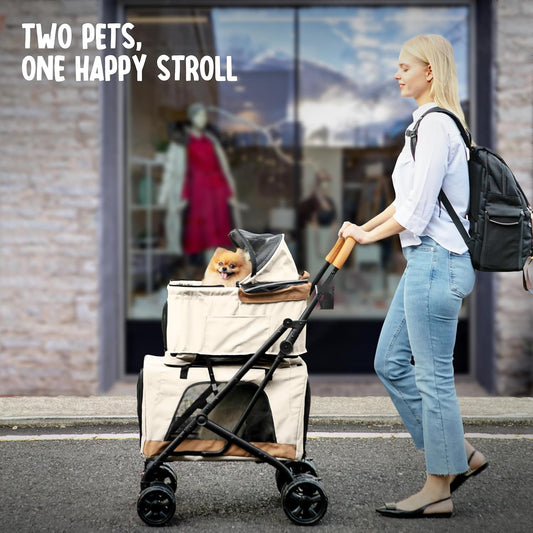 Double Pet Stroller with Detachable Carriers - Ideal for 2 Dogs or Cats - Compact & Convenient Design - Easy Assembly Double Dog Stroller - Cosmic Beige - Pawvie