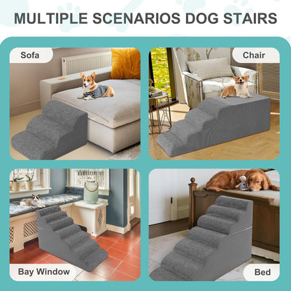 6-Step Dog Stairs for High Bed - 25.5" Adjustable Dog Ramps for Couch, Non-Slip Sturdy Pet Steps for Small Dogs, Washable Cover, Removable Modular Design, Dual 11” & 14.5” Steps for Custom Height