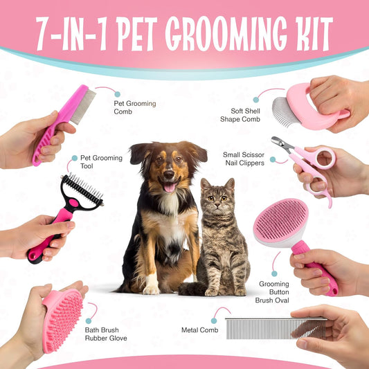 7-in-1 Pet Grooming Kit for Dogs & Cats Deshedding Brush, Bath Brush, Flea Comb, Nail Clipper & Massage Glove Complete Grooming Set for Small & Large Pets