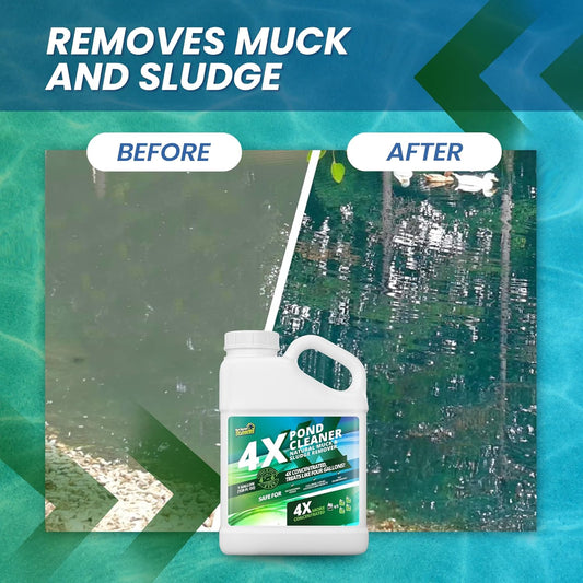 1 Gallon 4X Pond Cleaner - Treats Like 4 Gallons & Covers 4 Acres - Pond Cleaner for Outdoor Ponds, Pond Muck and Sludge Remover for a Clean, Natural Look, Ideal Pond Clarifier for Outdoor Ponds