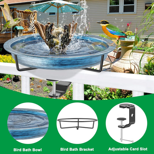 Deck Mounted Bird Bath Outside, Detachable Birdbath Bowl with Sturdy Clamp, Outdoor Bird Baths Bowl for Attracting Birds Garden Yard Decor (Retro Blue)
