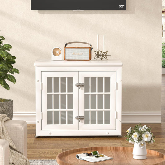 26" Heavy Duty Dog Crate Furniture for Small Dogs, Metal Kennel for High Anxiety Dogs, Chew Proof Pet Cage Indoor, Decorative Dog Kennel End Table, White