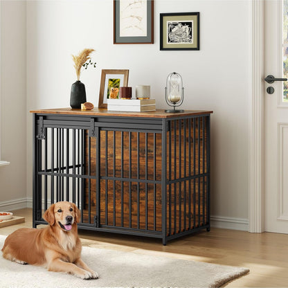 HOOBRO Dog Crate Furniture, 36.6" Heavy Duty Dog Kennel with Sliding Barn Door, Wooden Dog Cage Indoor, Decorative Side End Table for Small/Medium Dogs, Rustic Brown and Black FG162GW03G1
