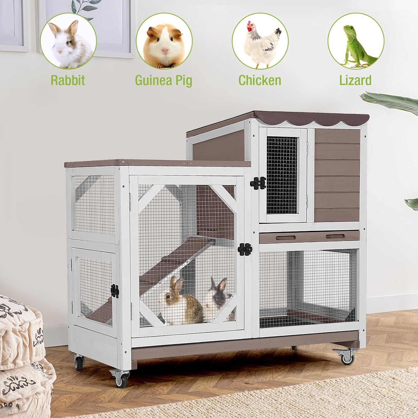 GUTINNEEN Rabbit Hutch Indoor Outdoor 2 Story Bunny House on Wheels Wood Rabbit Cage with 2 Pull Out Trays Guinea Pig Cage