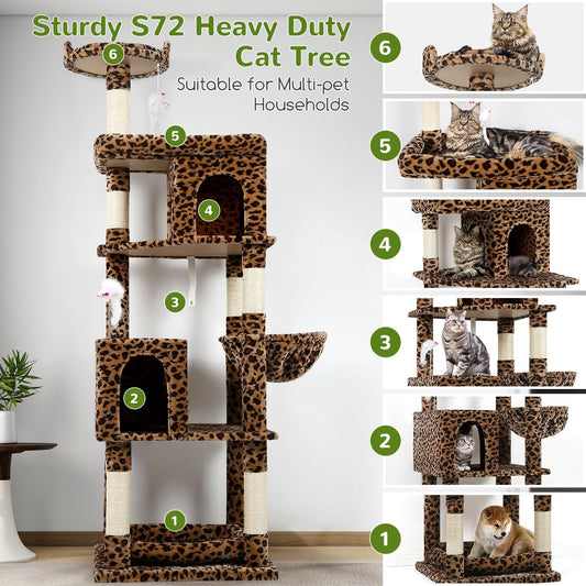 Globlazer Heavy Duty Cat Trees for Large Cats, Sturdy 72in Maine Coon Cat Tree for Large Cat 20 lbs+ Heavy Duty Cat Tower for Adult Biggest Cats with 6 Scratching Posts, Hammock, S72, Leopard Print