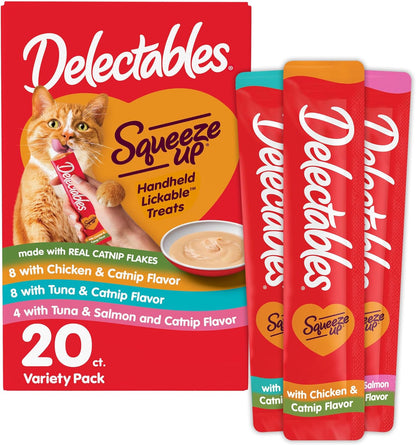 Delectables Squeeze Up Catnip Variety Pack, Creamy Squeezable Puree, Lickable Wet Cat Treats, Grain Free, No Added Fillers, No by-Products, No Added Preservatives, 0.5 Ounces Tube, 20 Tubes Total
