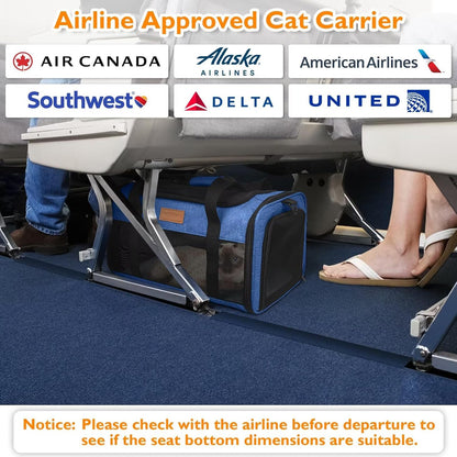 PETUX Pet Carrier Airline Approved, 17"x11"x9.5" Portable Cat Carrier Soft with Anti-Scratch Mesh for Small Cats up to 12 lb, Top Open Breathable Dog Carriers for Puppy up to 10 lb (Blue)