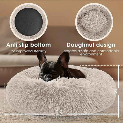 28in Large Dog Bed, Medium Size Dog and Cats, Calming Donut Bed for Puppy and Kitten, Washable Round Fluffy Pet Bed (Brown)