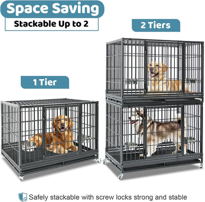 48 Inch Heavy Duty Dog Crate, Indestructible Escape Proof Big Cage for High Anxiety Large Dogs, Stackable & Collapsible XL Dog Kennel Indoor with Wheels,Dual Trays,Adjustable Bowl,Top Access