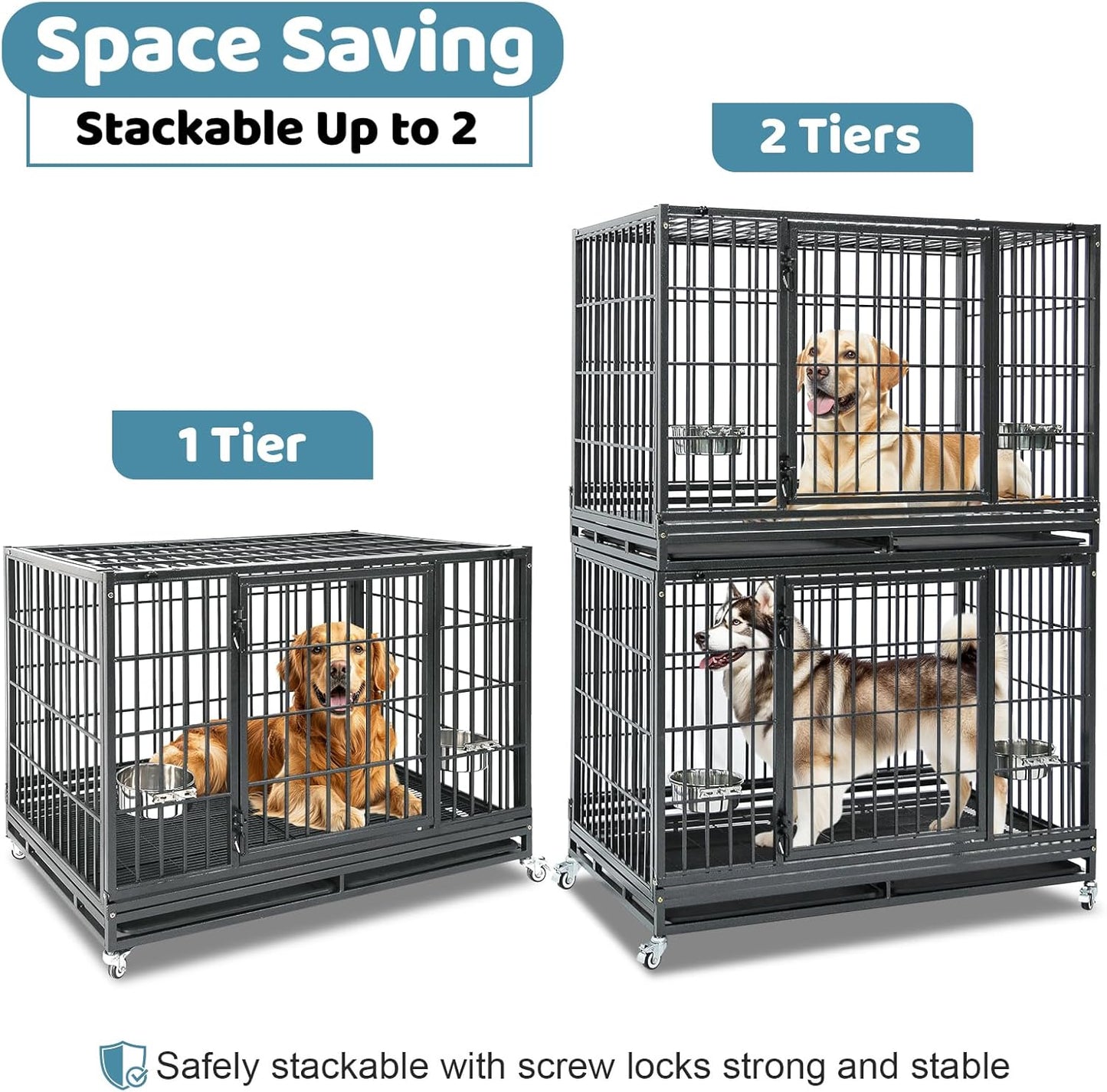 48 Inch Heavy Duty Large Dog Crate, Stackable Indestructible Big Cage for High Anxiety Dogs, Foldable Escape Proof XL Dog Kennel Indoor with Adjustable Bowls, Wheels and Double Trays(2 Pack)