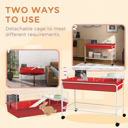 PawHut Two-Story Small Animal Cage Removable from Stand, Guinea Pig Cage with Shelf & Wheels, Pet Habitat for Hedgehog, Chinchilla, Ferret, 39" x 20.5" x 36.5", Red