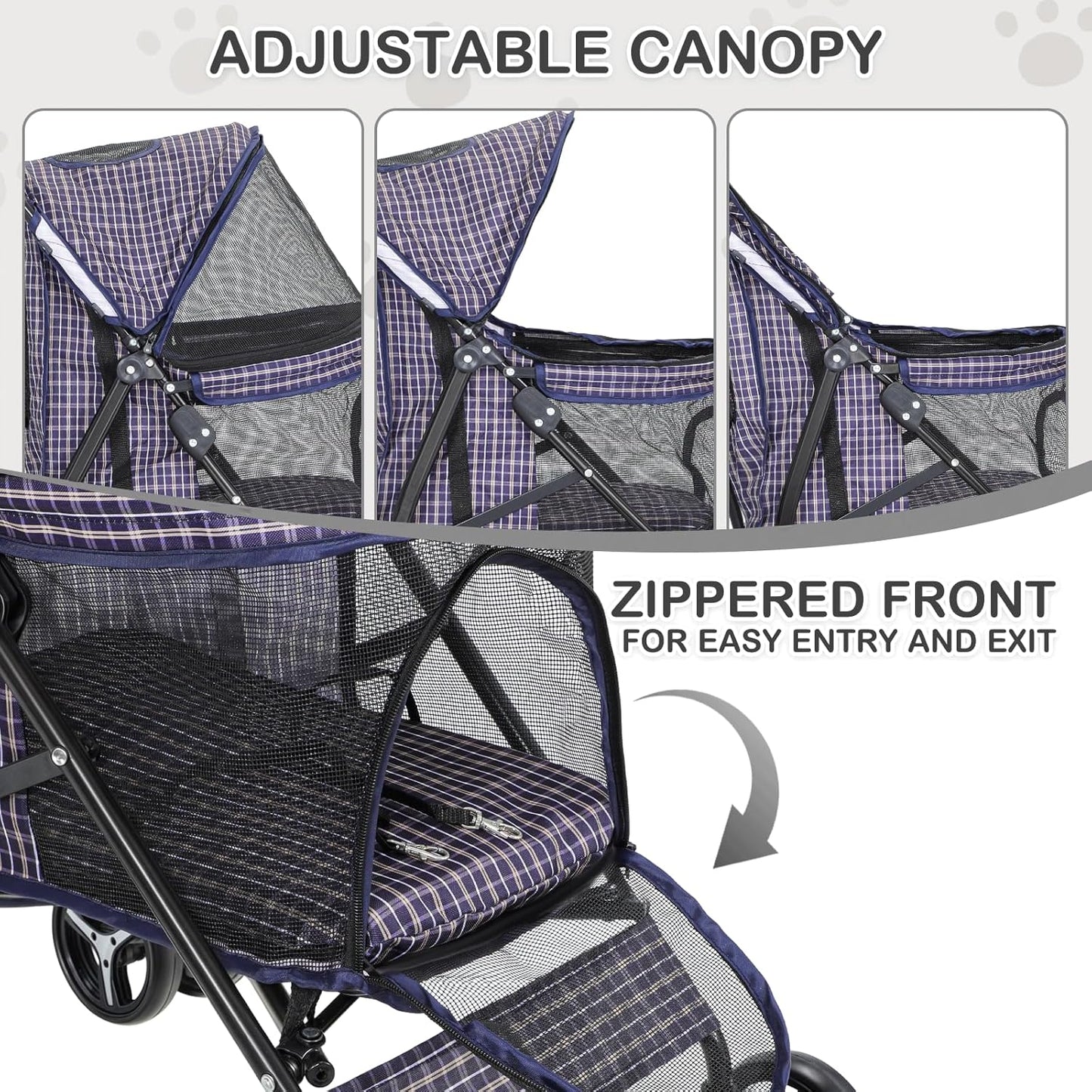 MoNiBloom 4 Wheels Pet Stroller, Easy-Fold Umbrella Shaped Dog Cat Jogger Stroller w/Storage Bag & Visible Mesh for Small/Medium Dogs Cats Plaid - Pawvie