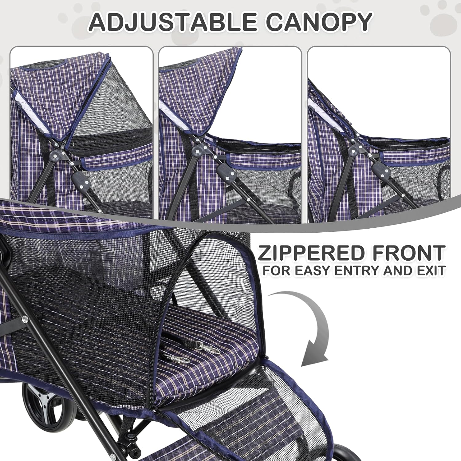 MoNiBloom 4 Wheels Pet Stroller, Easy-Fold Umbrella Shaped Dog Cat Jogger Stroller w/Storage Bag & Visible Mesh for Small/Medium Dogs Cats Plaid - Pawvie