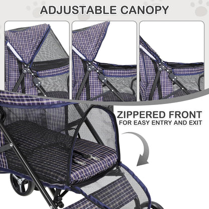 MoNiBloom 4 Wheels Pet Stroller, Easy-Fold Umbrella Shaped Dog Cat Jogger Stroller w/Storage Bag & Visible Mesh for Small/Medium Dogs Cats Plaid - Pawvie