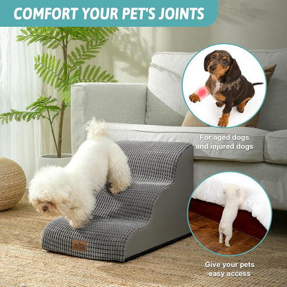 Dog Stairs for Small Dogs 15.7" H, Curved Dog Step for Puppy, Older Cat, Medium Pet Ramp for Sofa, Couch or Chair, Ladder with High Density Foam, 15.7x22.4x15.7 inch, 3 Step, Light Grey - Pawvie