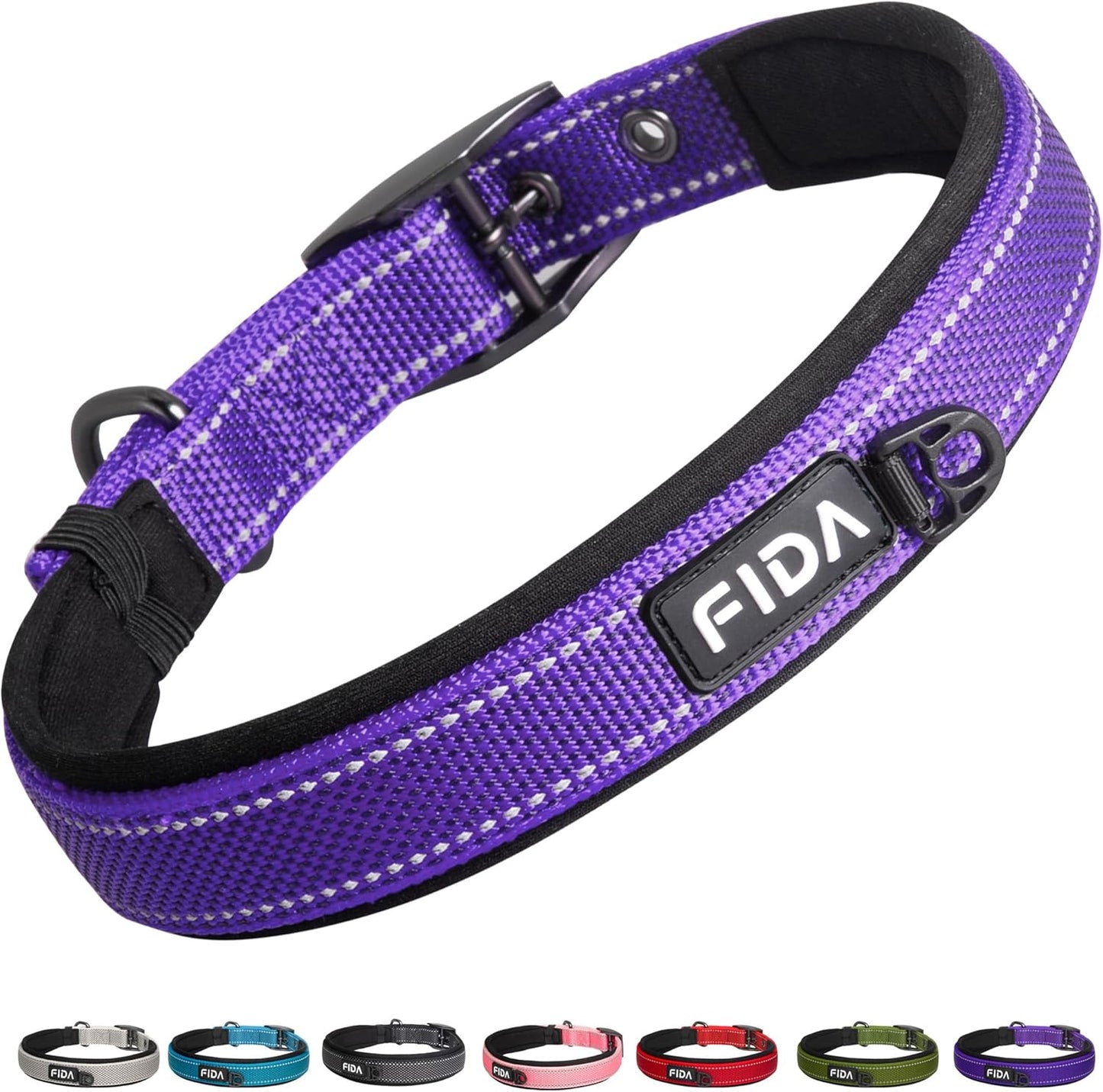 Fida Heavy Duty Dog Collar, Ultra Comfortable Soft Neoprene Padded, Adjustable Reflective Nylon Pet Collar with Durable Metal Belt Buckle for Medium Breeds (M, Purple)