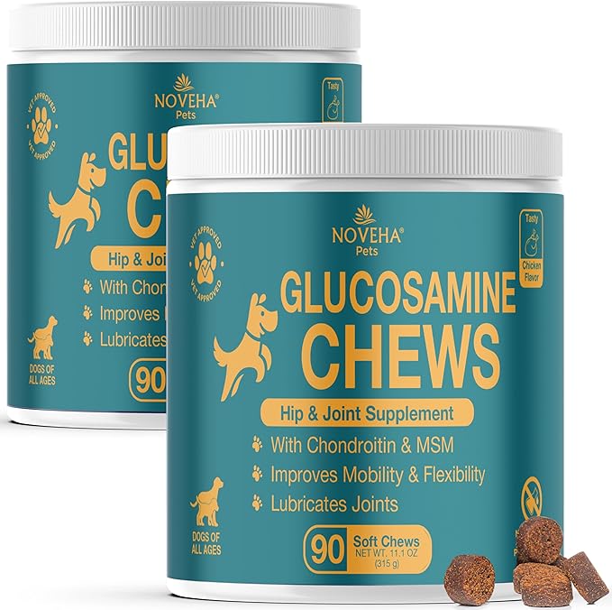 NOVEHA Dog Glucosamine Chews | Hip and Joint MSM Formula for Dogs Joint Care | Senior Pet Joint Health Supplement | Premium Glucosamine and Chondroitin for All | 2PK - 90 Soft Chews; Chicken Flavor