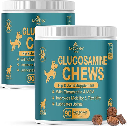 NOVEHA Dog Glucosamine Chews | Hip and Joint MSM Formula for Dogs Joint Care | Senior Pet Joint Health Supplement | Premium Glucosamine and Chondroitin for All | 2PK - 90 Soft Chews; Chicken Flavor