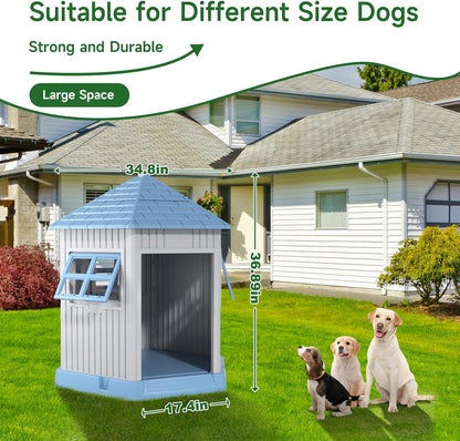 Vixzen Large Outdoor Dog House,Durable Water Resistant Resin Dog House,Doghouse for Small to Large Dogs Indoor or Outside,with Openable Windows and Elevated Floor,Blue