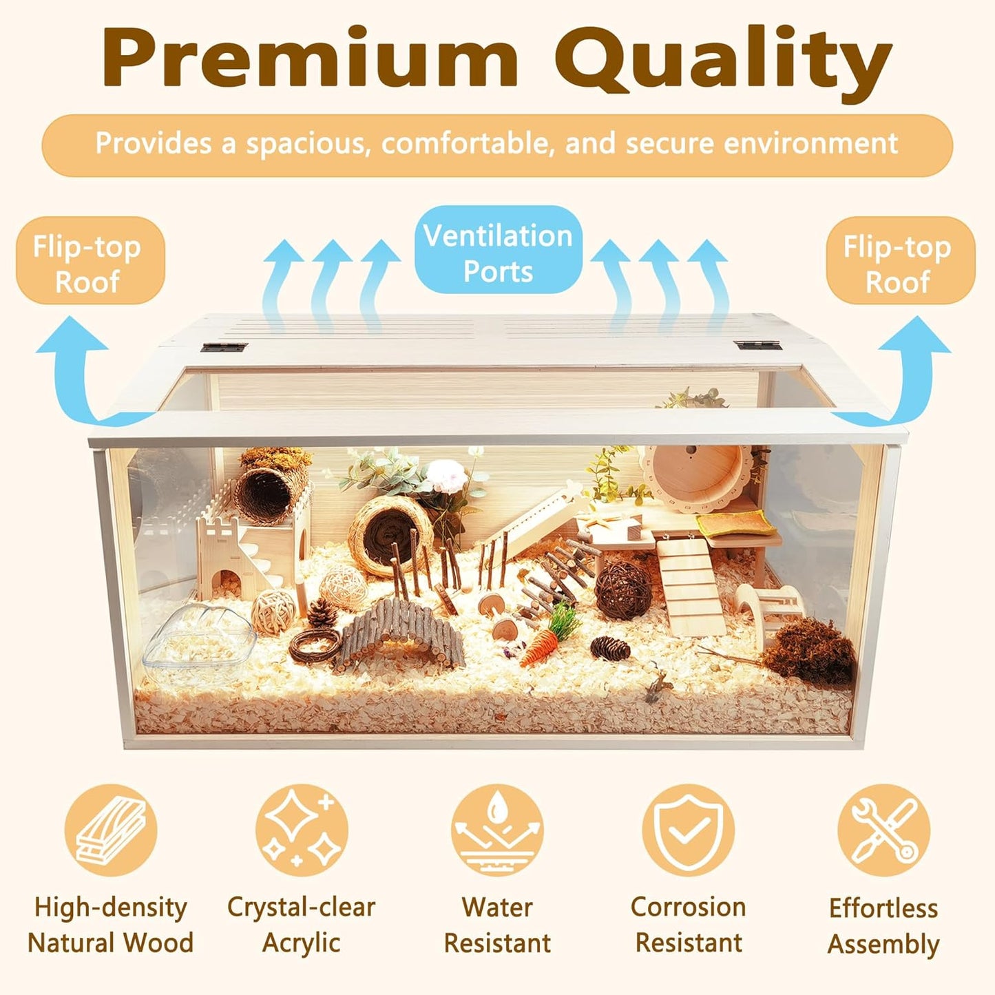 Prolee Hamster Cage Chewproof Wood, Mice and Rat Habitat Openable Top with Acrylic Sheets Solid Built, Small Animal Cage, 40 Inch Length