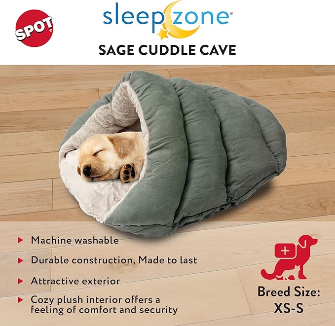 SPOT Sleep Zone Cuddle Cave - Cat Cave Bed for Indoor Cats and Mini Dogs, Durable, Comfortable, Washable for Kittens and Puppies Under 10 lbs and 12 inches Long, Sage Color