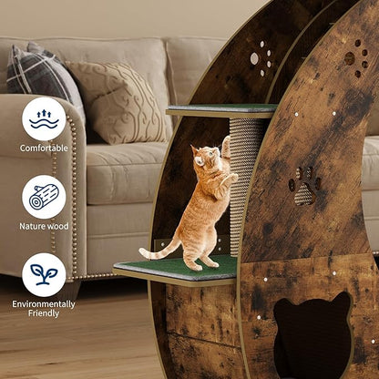 Cat Running Wheel for Indoor Cats, Large 6-in-1 Cat Treadmill with Bowls, Scratch Post & Resting House, Quiet Cats Wheel Exerciser for Kitty Fitness Brown