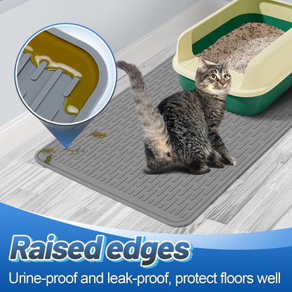 Easy Clean Silicone Cat Mat for Litter Box - 33.7" x 22" Waterproof Non-Slip Kitty Litter Trapping Mat for Protecting Floor, Less-Mess Food Water Mat for Indoor, Gray